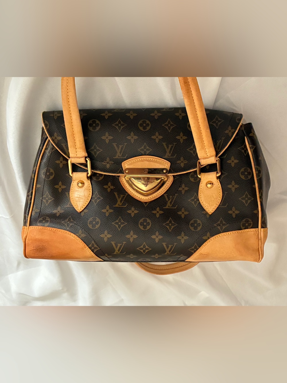 Louis Vuitton Brown Monogram Satchel with Tan Leather Handles